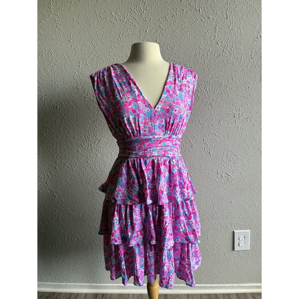 Lilly Pulitzer Floral Tiered Dress Pink Blue Open Back Women's  Sz M - Picture 13 of 16